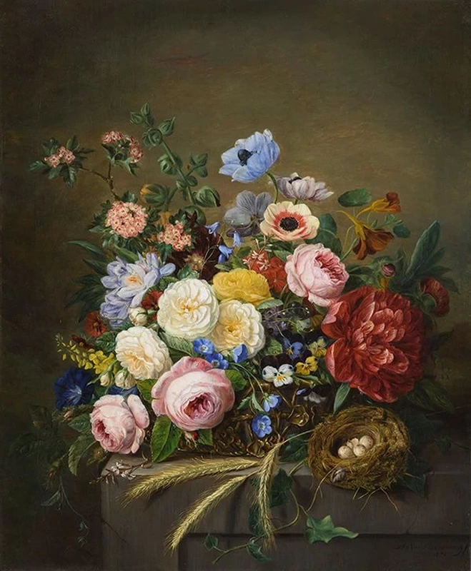 Natura morta con fiori e un nido con uova
